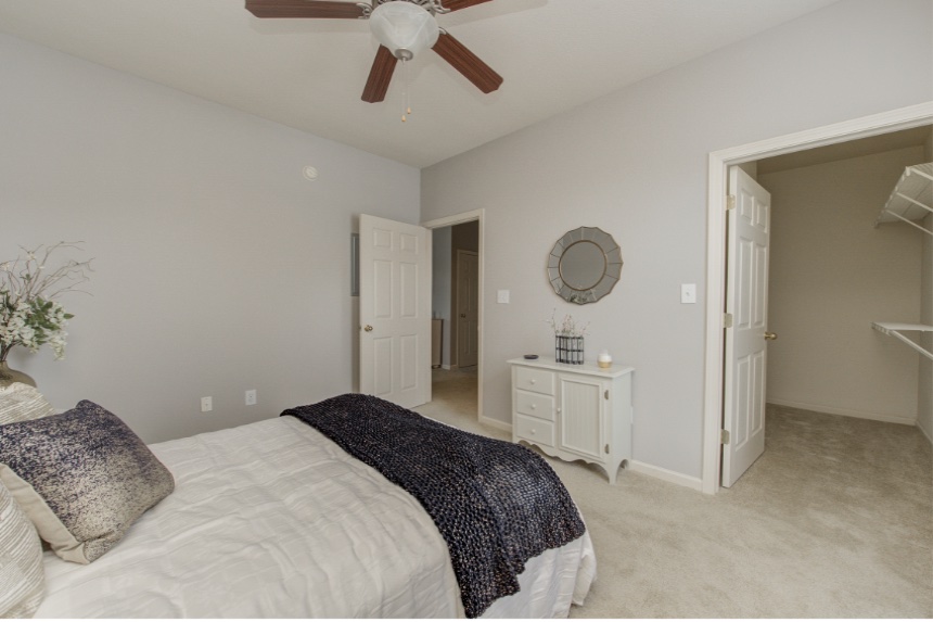 Model bedroom in a Zionsville apartment.