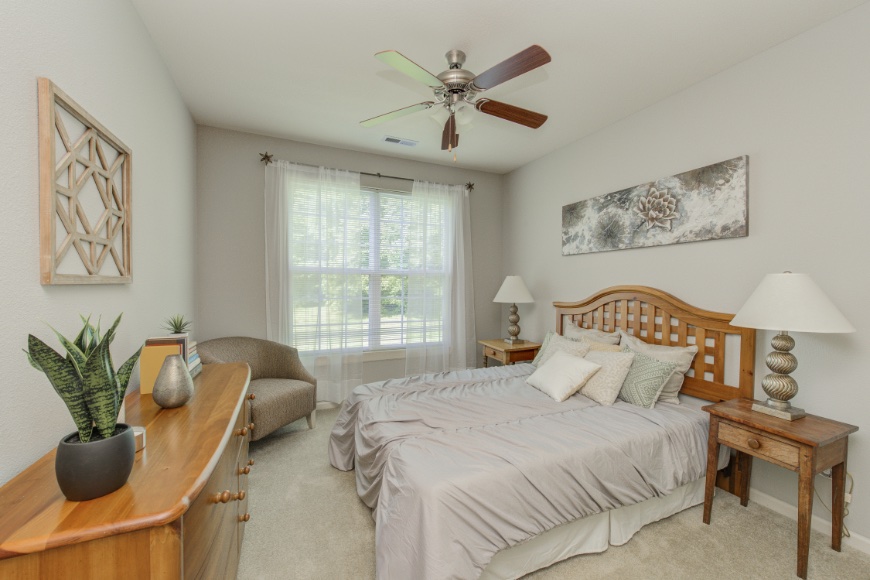 Model bedroom in a Zionsville apartment.